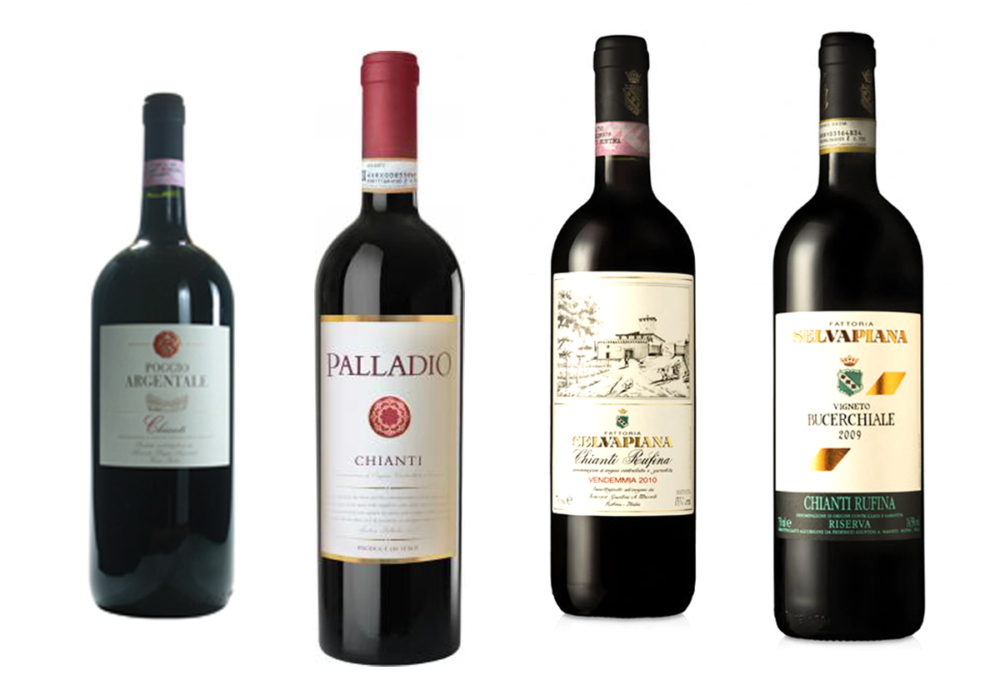 From left: Poggio Agentale Chianti, $9.99, Palladio Chianti, $13, Fattoria Selvapiana Chianti Rufina Vendemmia, $17, Fattoria Selvapiana Chianti Rufina Vigento Bucerchiale, $35.